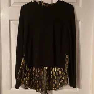 Veronica Beard Pipes and Shaw Black Wool sweater with gold silk under accent, M